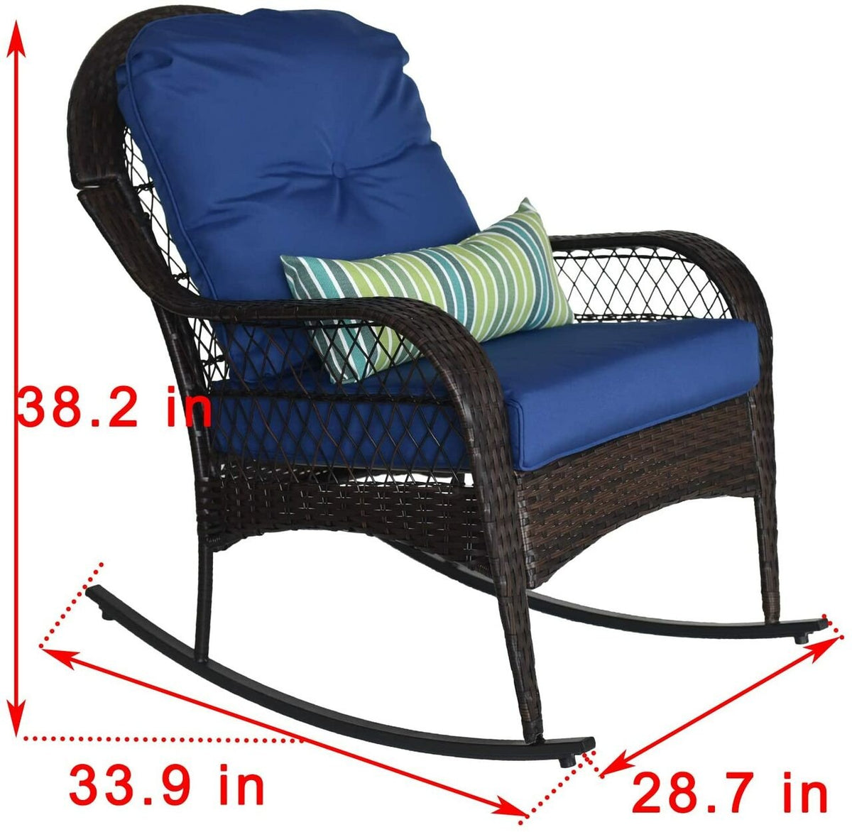 Wicker rocking chair with supplier dimension arrows overlaid, measuring 38.2 in high by 33.9 in wide by 28.7 in deep