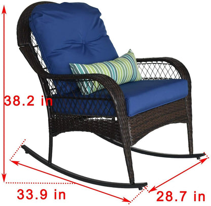 Wicker rocking chair with supplier dimension arrows overlaid, measuring 38.2 in high by 33.9 in wide by 28.7 in deep