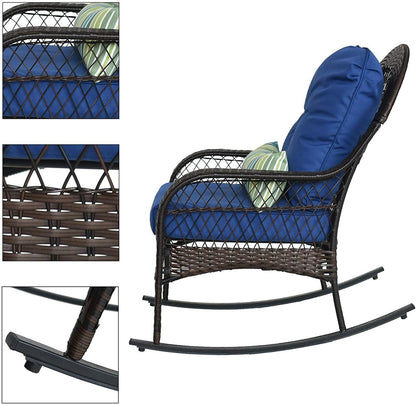 Close detail of the woven wicker arm, backrest and navy cushion