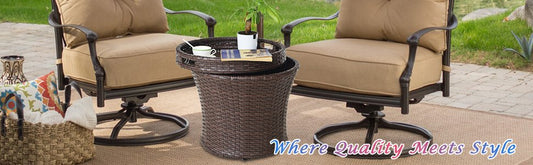 Wicker patio side table beside a woven sofa on a sunlit deck