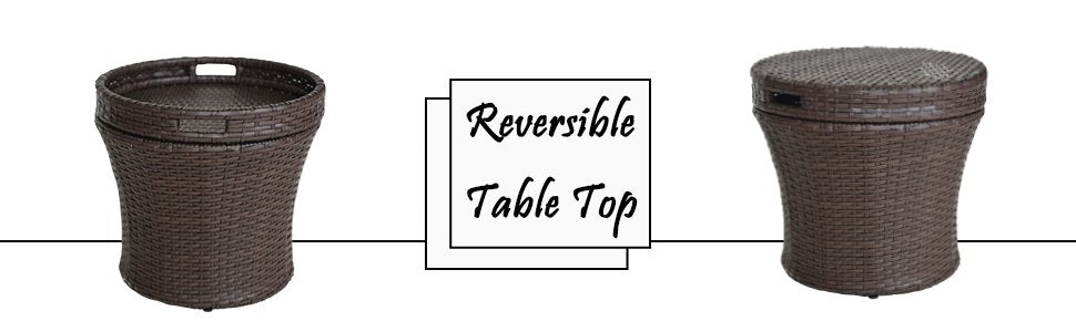 Wicker patio side table with a reversible woven top