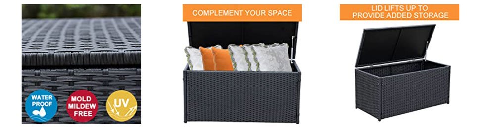 Wicker deck storage box, grab handles and washable interior