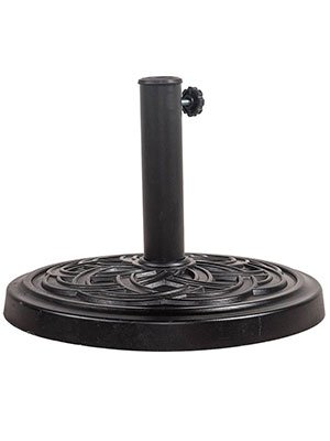 Cast stone umbrella base with pole, full view