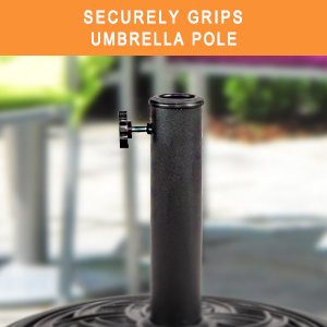 Cast stone umbrella base, pole grip and thumb screw detail